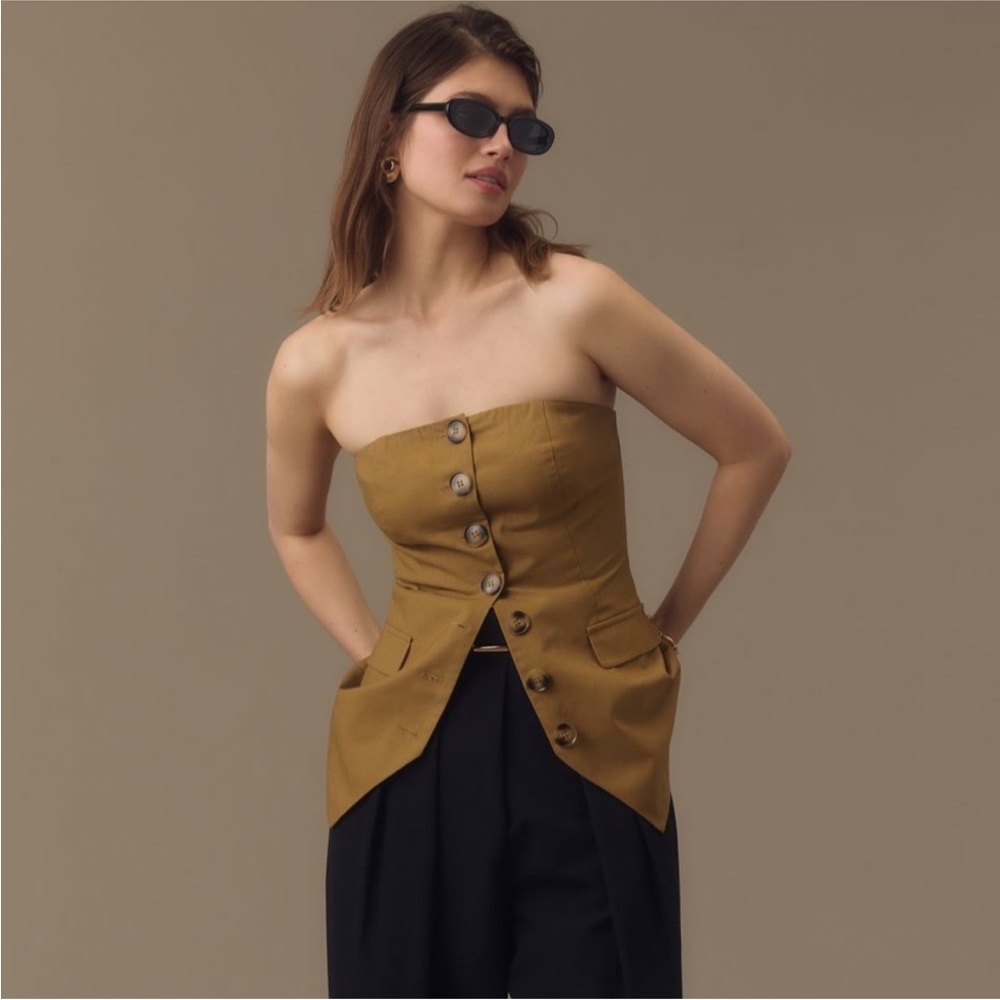 Anthropologie Flat White Strapless Button Down Top